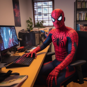 Homem Aranha olhando para a camera e pensando no seu WebSite