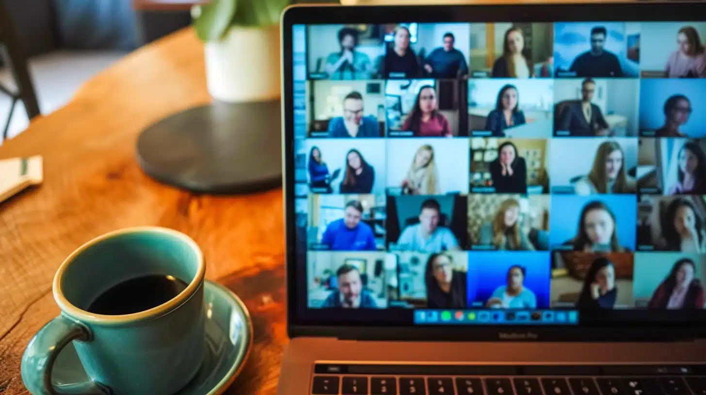 Tela de notebook mostrando uma chamada em vídeo com uma xicara de cafe ao lado