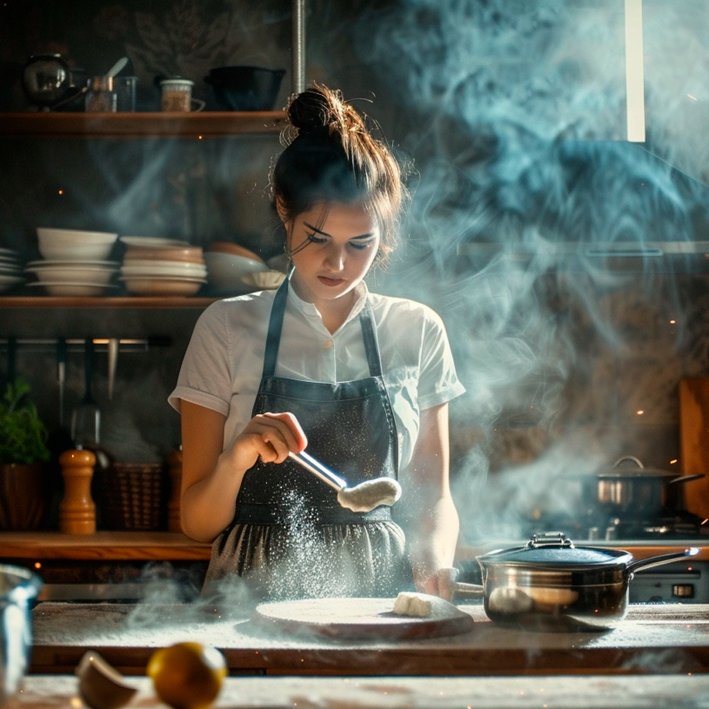 Mulher cozinhando concentrada na cozinha