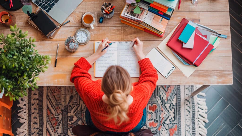 Uma foto de um profissional escrevendo em um notebook, com um smartphone e uma xícara de café ao lado