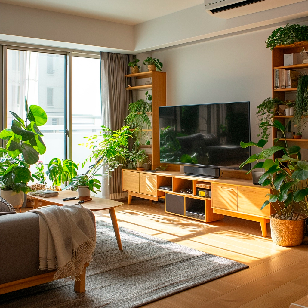 Uma sala de estar decorada com plantas e móveis modernos