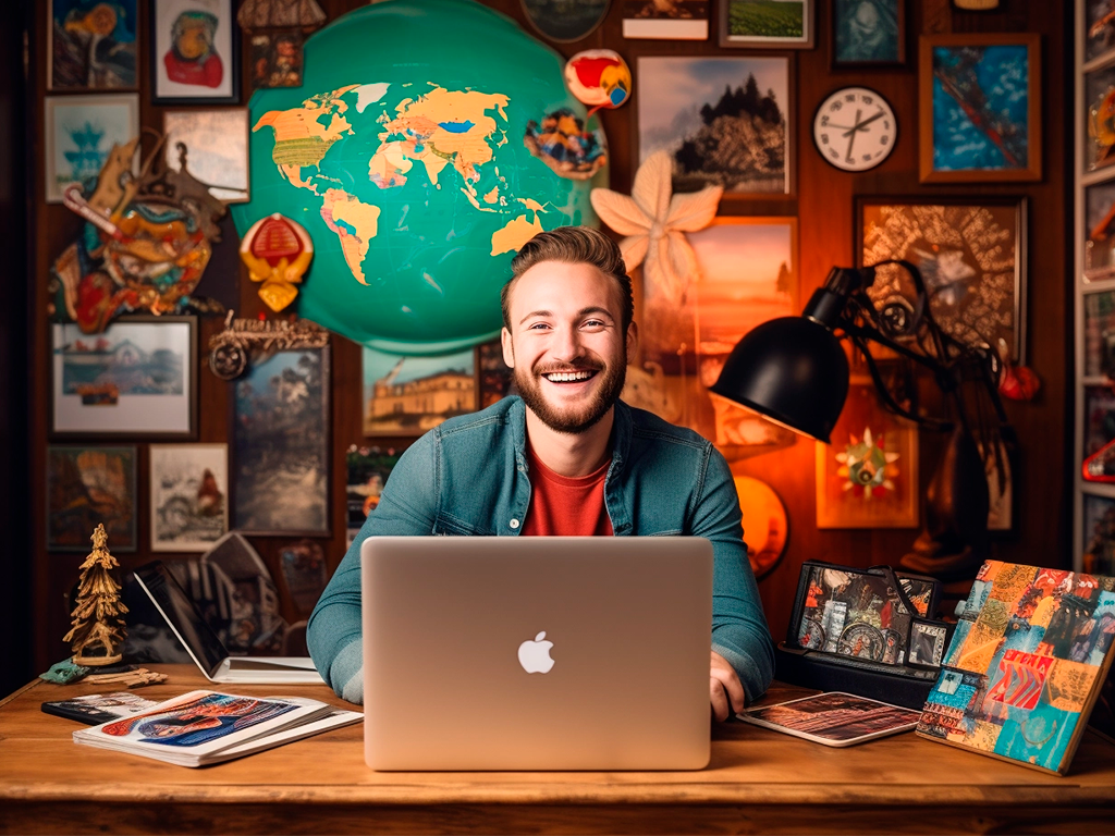 homem sorrindo pra camera com seu pc e um cenario de design