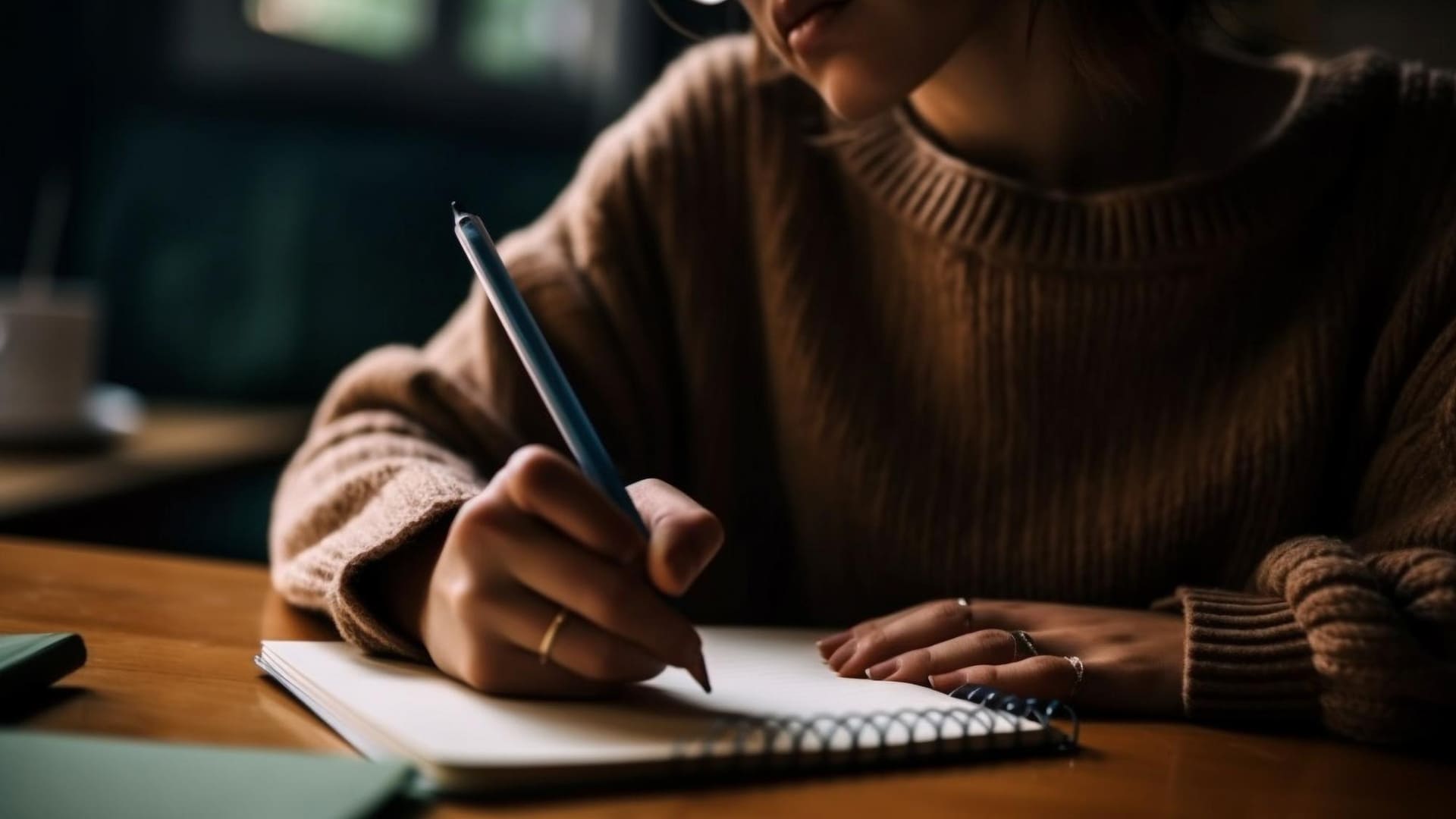 mulher jovem anotando as informações financeiras de sua empresa em um caderno