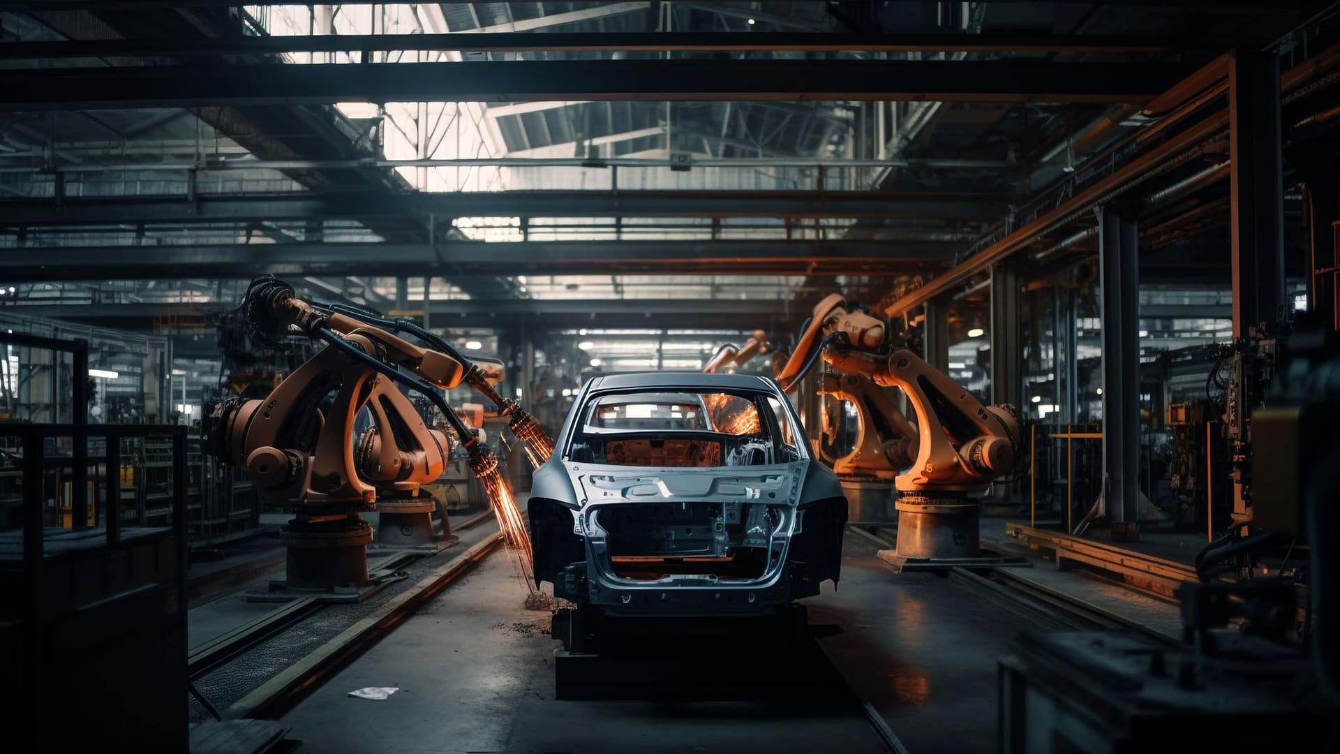 robos montando carros em um montadora estilo Toyota